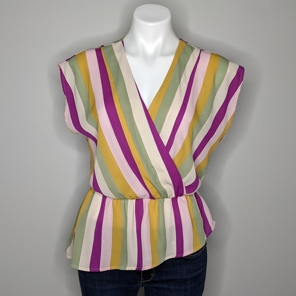 ✨3/$15 Leith by Nordstrom striped purple yellow green cream blouse S